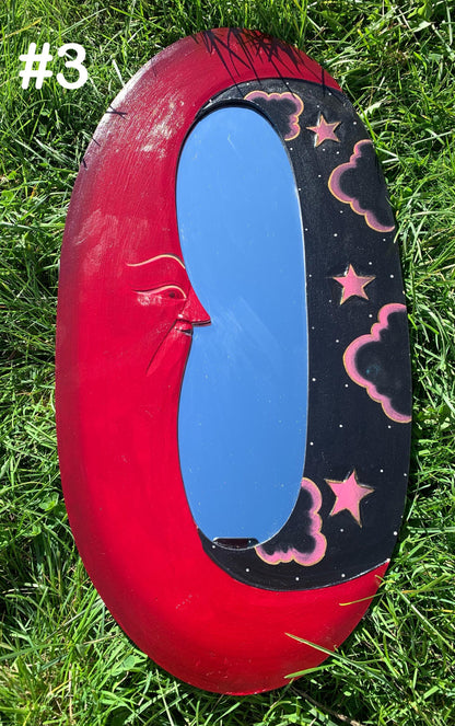 Vintage Celestial Oval Wall Mirror | Mauve and Black Handpainted Wood Home Decor | Retro Hanging Indonesia Art | Cosmo 80’s 90’s Boho Sun