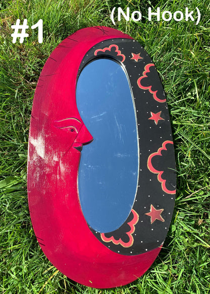 Vintage Celestial Oval Wall Mirror | Pink and Black Handpainted Wood Home Decor | Retro Hanging Indonesia Art | Cosmo 80’s 90’s Boho Sun
