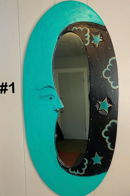 Vintage Celestial Oval Wall Mirror | Green and Black Handpainted Wood Home Decor | Retro Hanging Indonesia Art | Cosmo 80’s 90’s Boho Sun