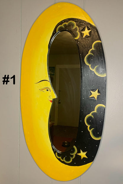 Vintage Celestial Oval Wall Mirror | Yellow and Black Handpainted Wood Home Decor | Retro Hanging Indonesia Art | Cosmo 80’s 90’s Boho Sun